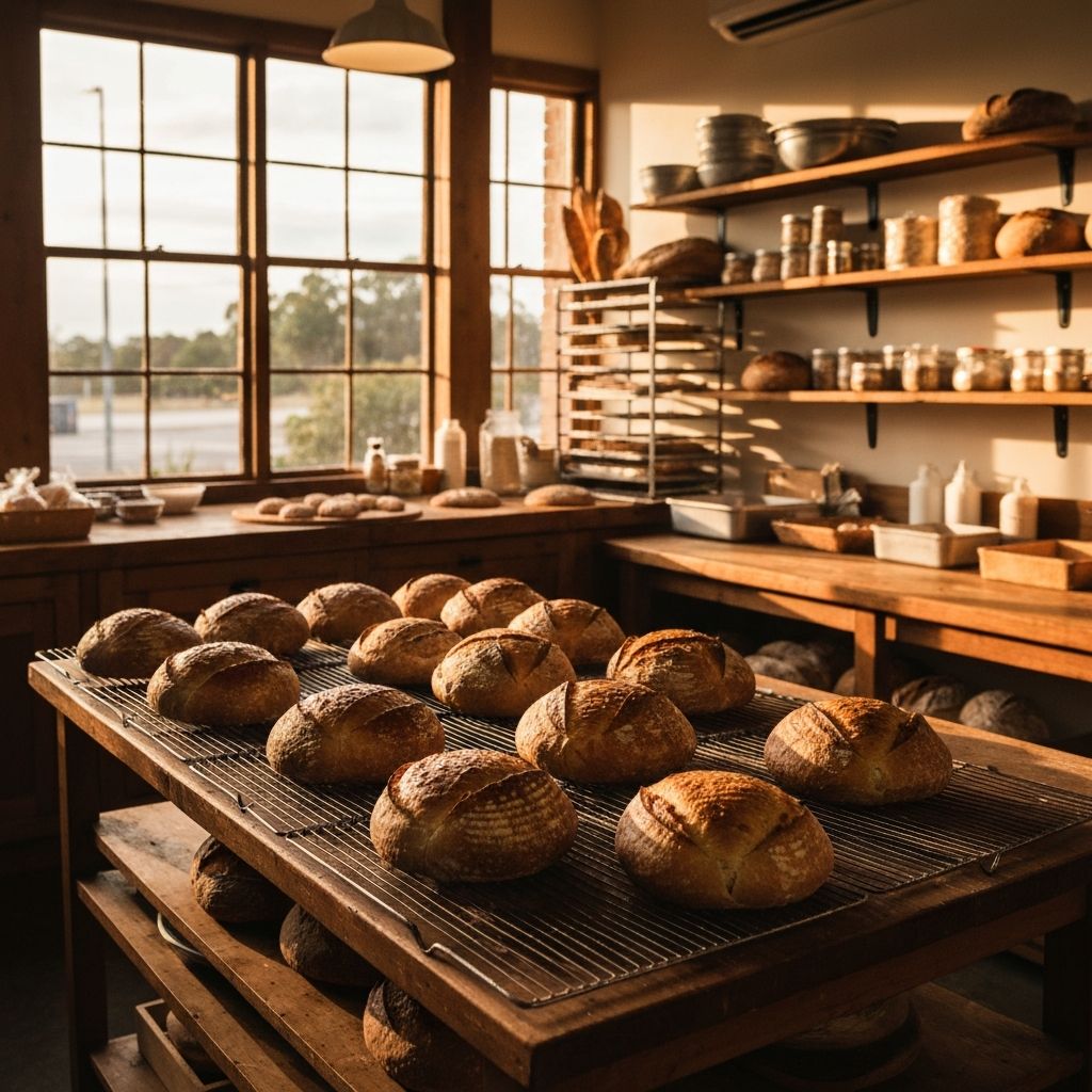 Freshly baked sourdough loaves cooling on wire racks inside Bunz Bakery Warehouse
