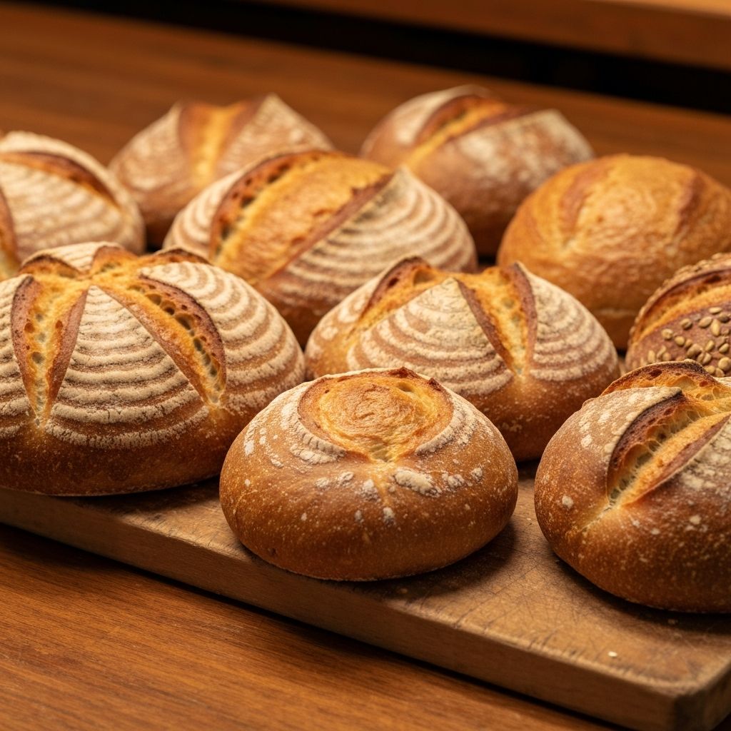 Assortment of freshly baked artisan bread loaves and rolls on a wooden board