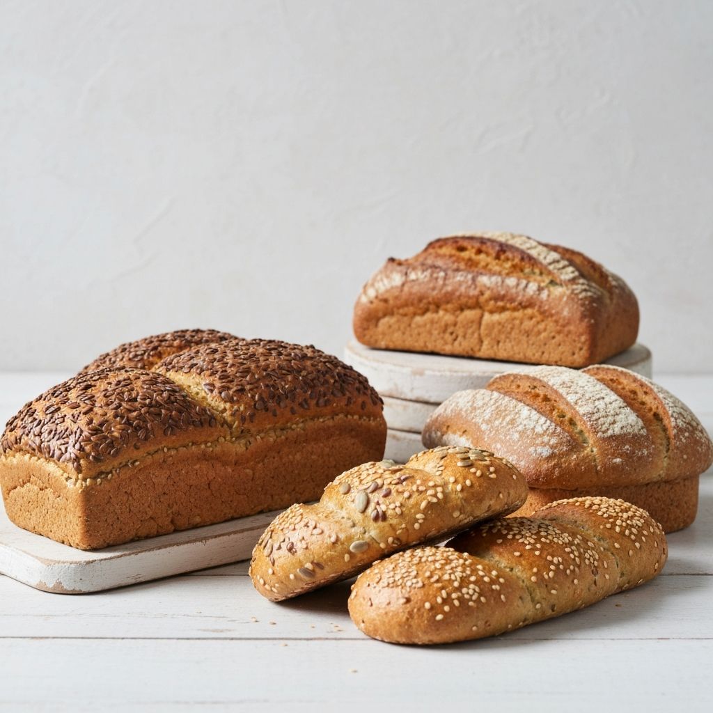 Gluten-free bread loaves with seeds on a clean white rustic surface