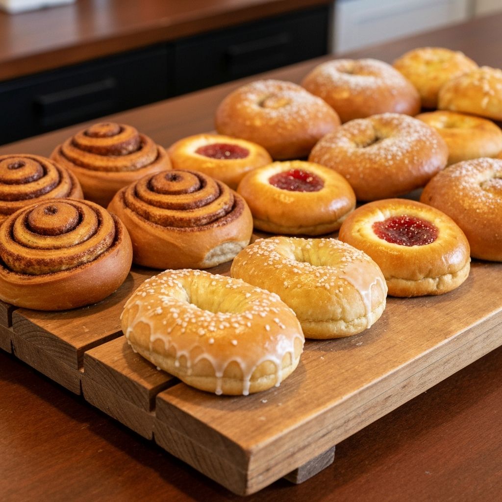 Sweet buns and golden pastries on a bakery display tray