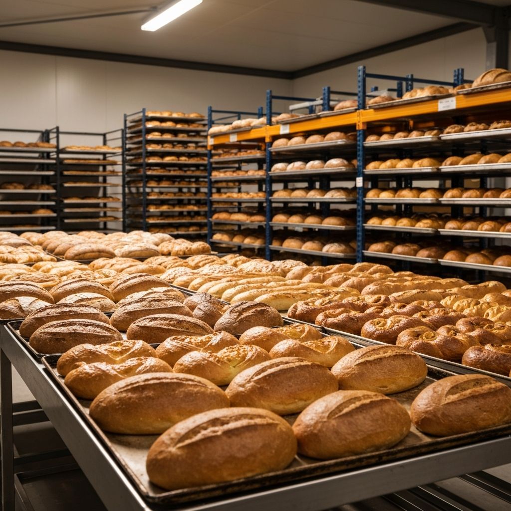 Commercial bakery trays with fresh bread ready for wholesale distribution